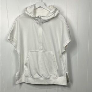 Fisoew Womens Sweatshirt L White Short Sleeves Kangaroo Pocket Hood 1/2 Zip Hood
